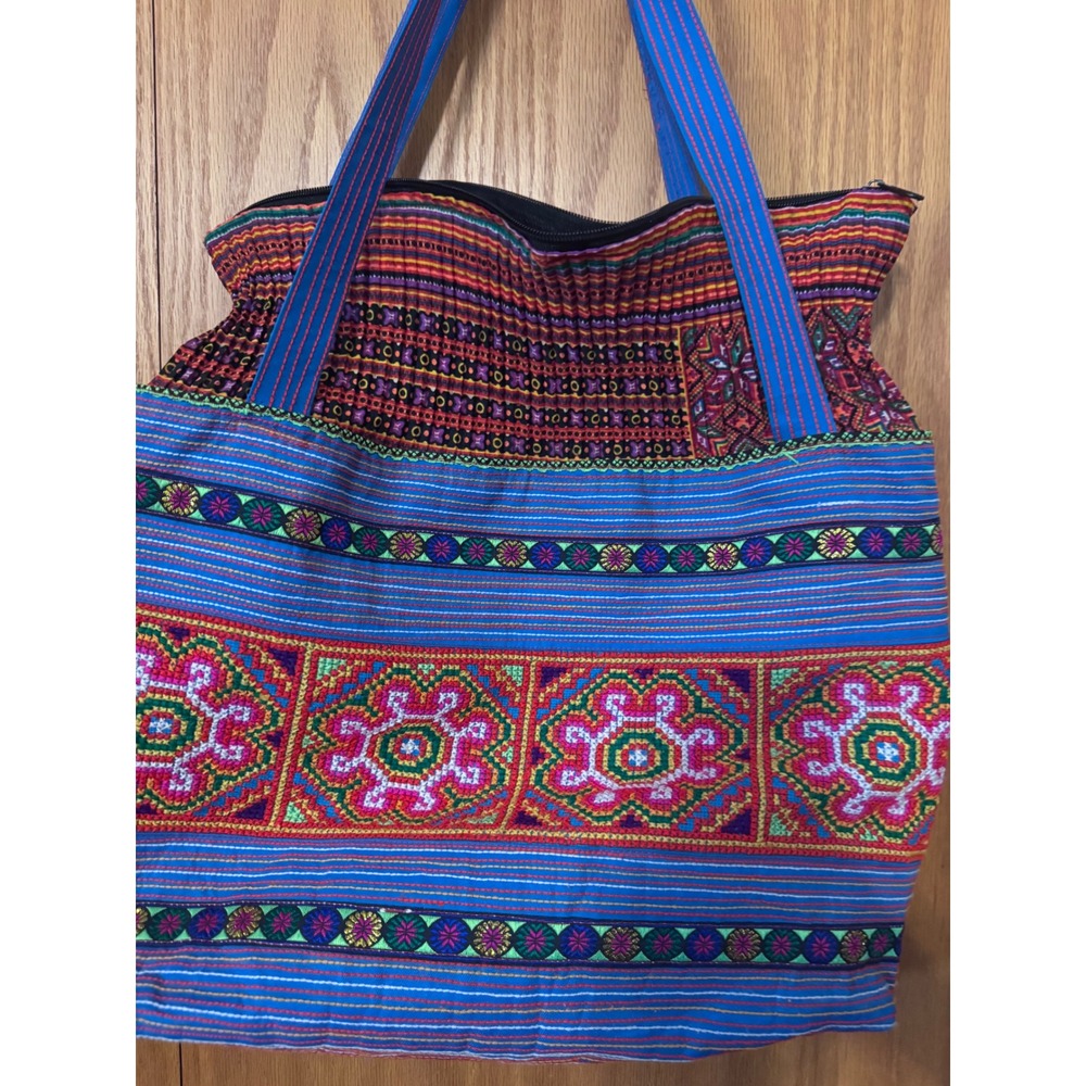 Boho Embroidered Tote Bag‎ Blue Floral Geometric Woven Shoulder Bag Zipper Top - Picture 2 of 6
